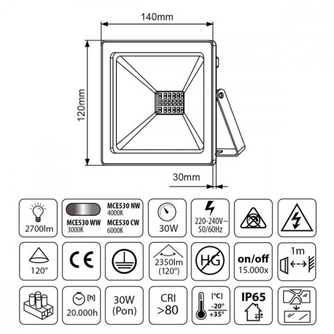 Naświetlacz Led Slim 30 W 2400lm MCE530 CW