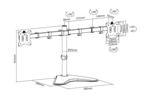 Stojak biurkowy podwójny z zaciskiem 2xLCD max. 32" max. Obciążenie 2x 8kg uchylno-obrotowy czarny