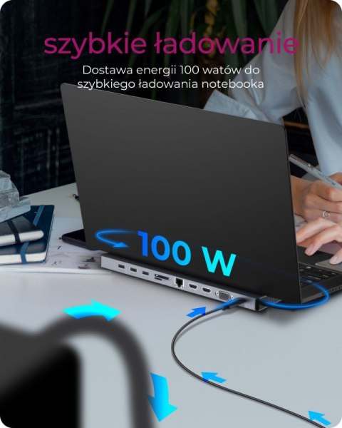 Stacja dokująca IB-DK2106-C Type-C z potrójnym wyjściem wideo, 2x High Speed HDMI typu A, 1x interfejs VGA, trzy interfejsy USB 