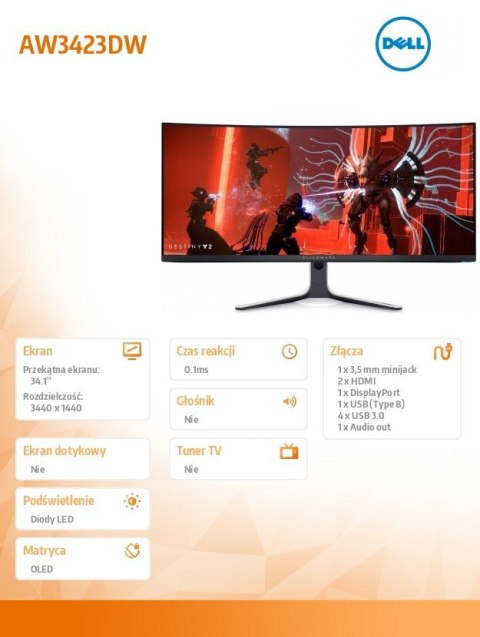 Monitor Alienware AW3423DW 34.1 cali Curved NVIDIA G-Sync Ultimate 175Hz OLED QHD (3440x1440) /21:9/DP/2xHDMI/5xUSB 3.2/3Y AES&P