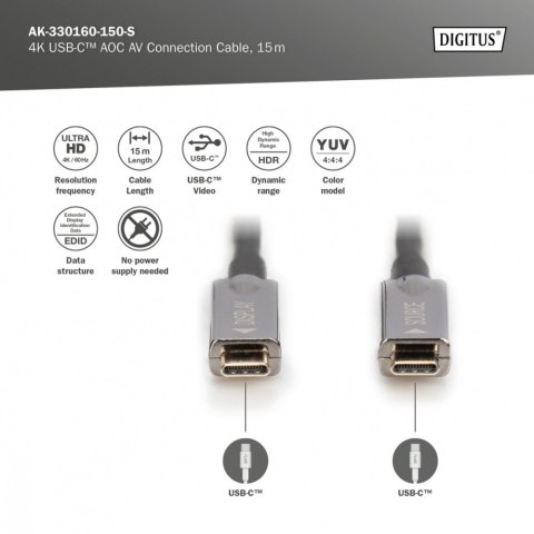 Kabel połączeniowy hybrydowy AOC USB 3.1 Typ C/USB Typ C 4K 60Hz 15m