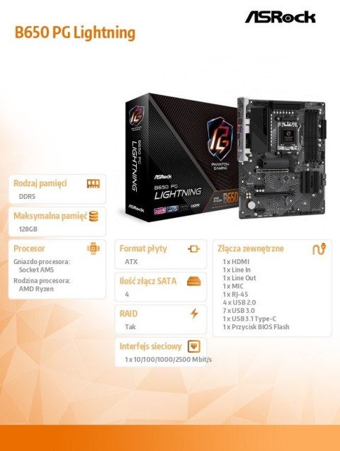 Płyta główna B650 PG LIGHTNING AM5 4DDR5 HDMI M.2 ATX