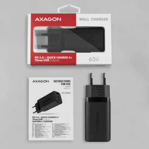 ACU-DPQ65 Ładowarka sieciowa, GaN 65W, 3x port (USB-A + dual USB-C), PD3.0/QC4+/PPS/Apple, czarna