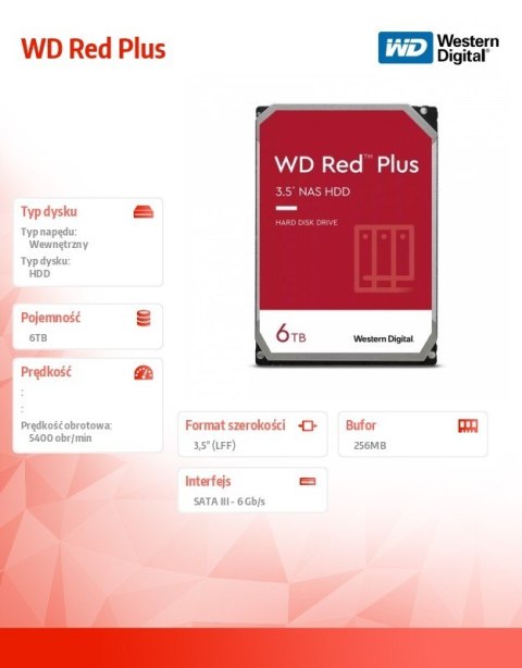 Dysk 3,5 cala WD Red Plus 6TB CMR 256MB/5400RPM