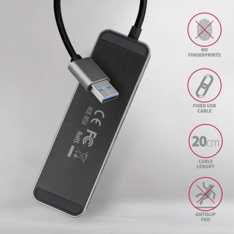 HUE-MSA Hub 4-portowy USB 3.2 Gen 1 switch, metalowy, 20cm USB-A kabel, microUSB dodatkowe zasilanie