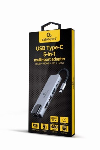 Adapter wieloportowy USB-C 5w1, PD, HDMI, USB 3.1, USB 2.0, LAN