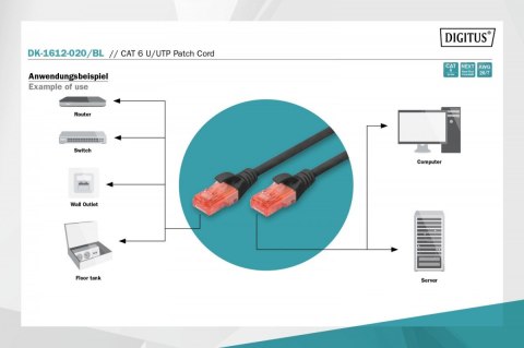 Patch cord U/UTP kat.6 PVC 2m czarny