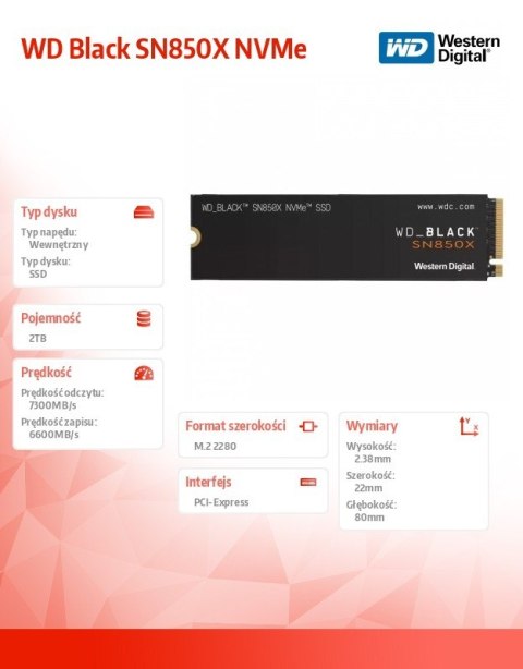Dysk SSD WD Black SN850X 2TB NVMe 2280 M2