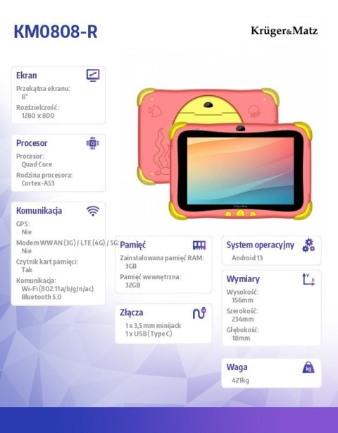 Tablet dla dzieci FUN 808 Czerwony