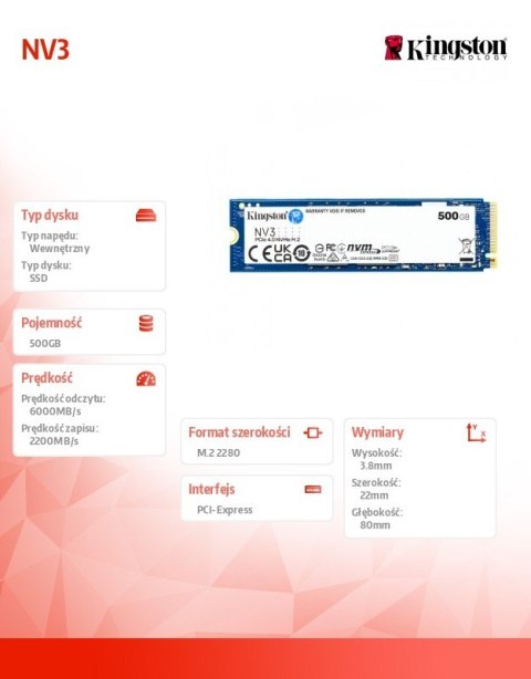 Dysk SSD NV3 500GB M.2 2280 PCI-e 4.0 NVMe 6000/2200