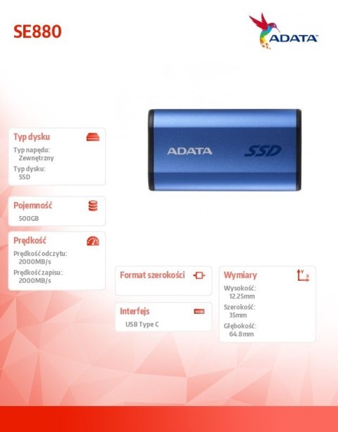 Dysk zewnętrzny SSD SE880 500 GB USB3.2A/C Gen2x2 Niebieski