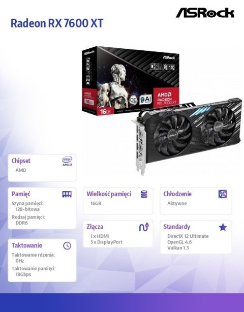 Karta graficzna Radeon RX 7600 XT CHALLENGER 16G OC GDDR6 128bit Karta graficzna Radeon RX 7600 XT CHALLENGER 16G OC GDDR6 128bit