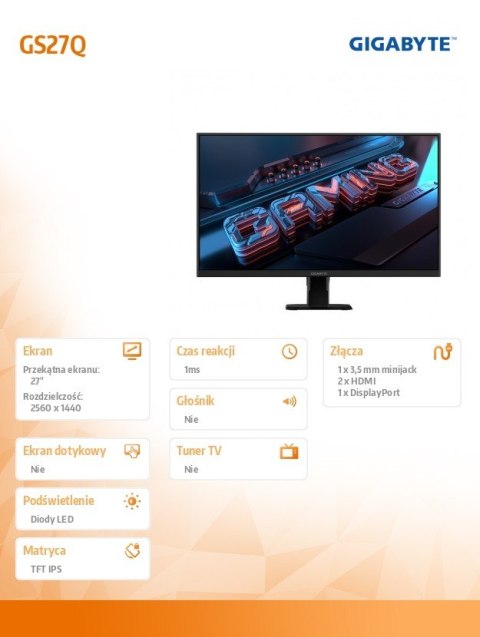 Monitor 27 cali GS27Q IPS QHD HDMI DP 165HZ Monitor 27 cali GS27Q IPS QHD HDMI DP 165HZ