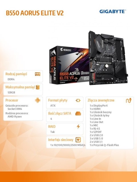 Płyta główna B550 AORUS ELITE V2 AM4 4DDR4 HDMI/DP M.2 ATX