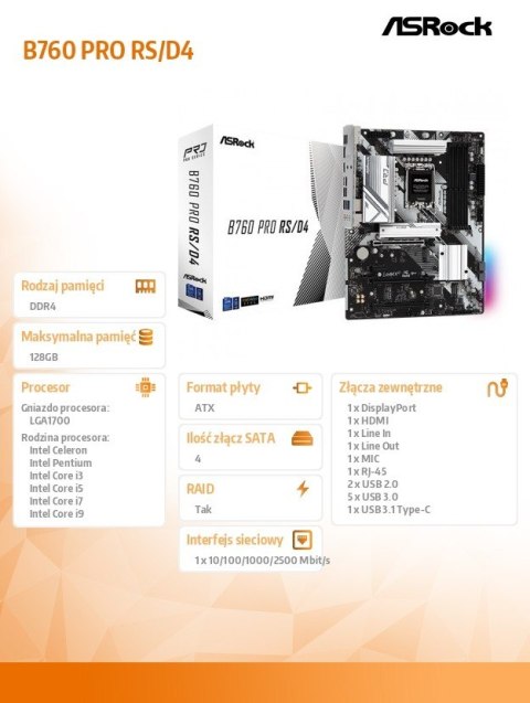 Płyta główna B760 Pro RS s1700 4DDR4 DP/HDM M.2 ATX Płyta główna B760 Pro RS s1700 4DDR4 DP/HDM M.2 ATX