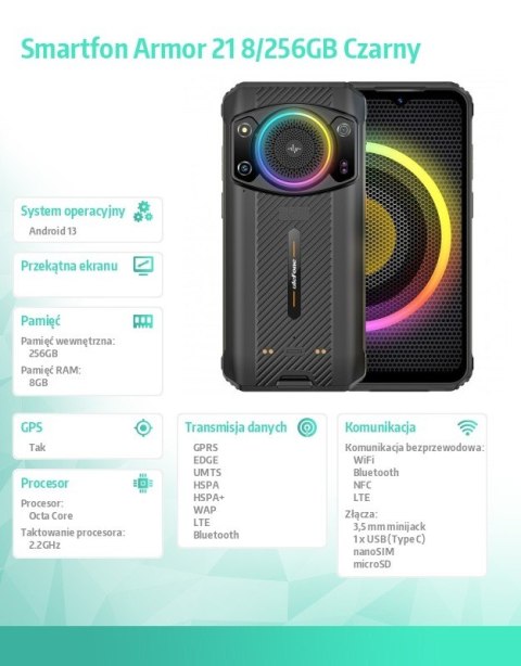 Smartfon Armor 21 6.58" 8/256GB IP68/IP69K 9600 mAh DualSIM głośnik RGB czarny