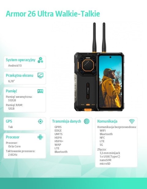 Smartfon Armor 26 Ultra Walkie-Talkie 5G 6.78'' 12/512GB IP68/IP69K 15600 mAh DualSIM czarny