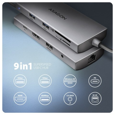 HMC-8HLSA Wieloportowy hub USB-C 3.2 Gen 1 hub, 3x USB-A + 4K/30Hz HDMI + SD/microSD, GLAN, Audio, PD 100W, 20cm USB-C kabel