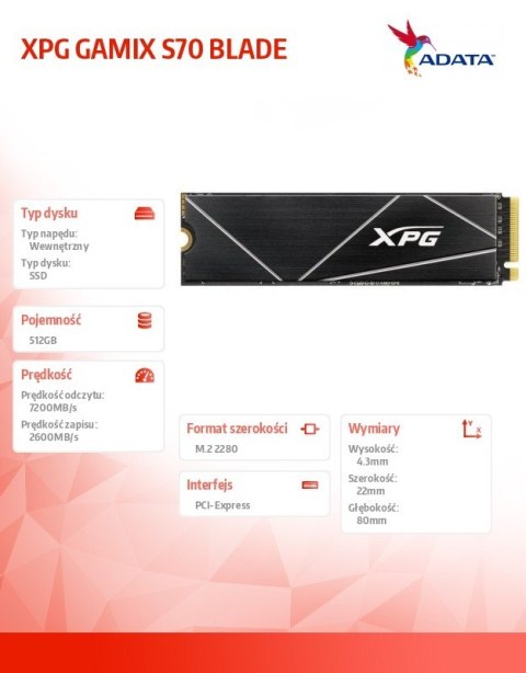 Dysk SSD XPG GAMMIX S70 BLADE 512GB PCIe 4x4 7.2/2.6 GBs