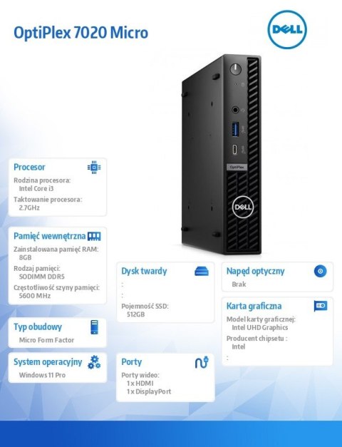 Komputer Optiplex MFF/Core i3-14100T/8GB/512GB SSD/Integrated/WLAN + BT/Kb/Mouse/W11Pro