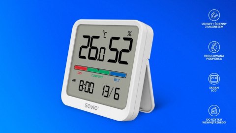 Czujnik temperatury i wilgotności, do użytku wewnętrznego, ekran LCD, zegar, data, uchwyt z magnesem, CT-01/W Biały