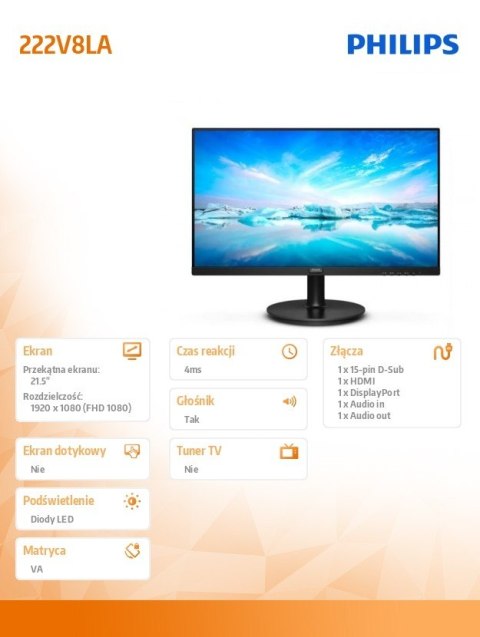 Monitor 222V8LA 21.5 cala VA HDMI DP Głośniki