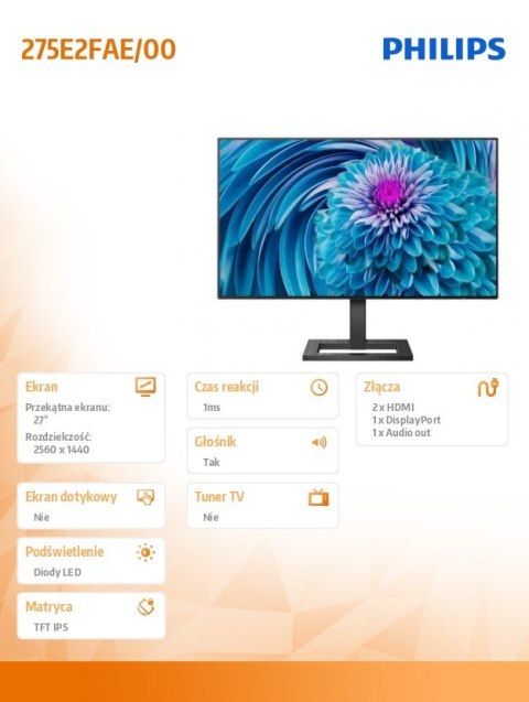 Monitor 275E2FAE 27 cali IPS HDMIx2 DP Głośniki HAS