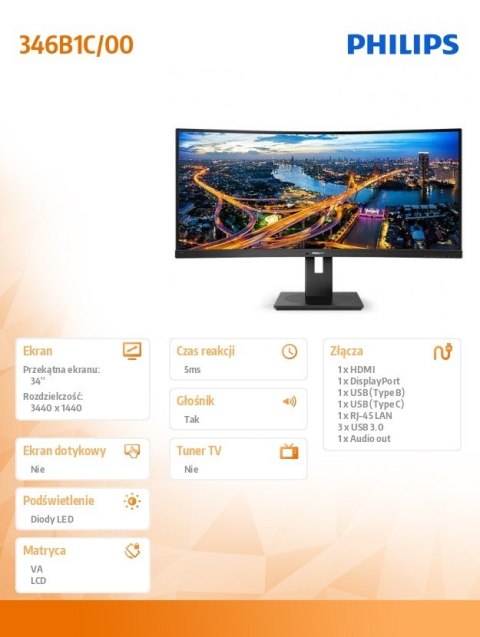 Monitor 346B1C 34 cale VA Curved HDMIx2 DPx2 USB-C HAS