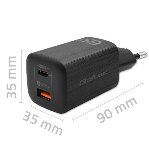 Ładowarka sieciowa 65W GaN ULTRA | 5-20V | 2.25-3.25A | 1 x USB typ C PD | 1 x USB | Czarna