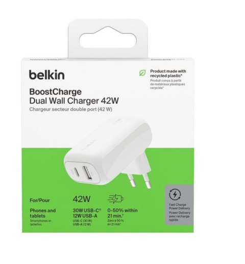 Ładowarka sieciowa BoostCharge 42W USB-C 3 0W USB-A 12W biała Ładowarka sieciowa BoostCharge 42W USB-C 3 0W USB-A 12W biała