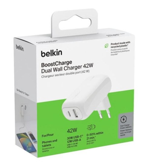 Ładowarka sieciowa BoostCharge 42W USB-C 3 0W USB-A 12W biała Ładowarka sieciowa BoostCharge 42W USB-C 3 0W USB-A 12W biała