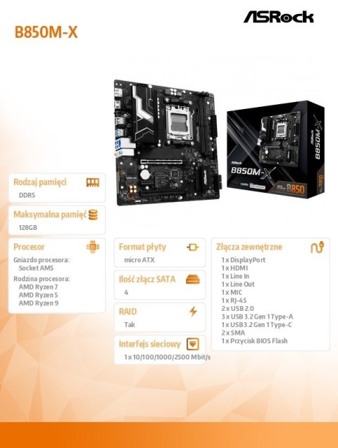 Płyta główna B850M-X AM5 2DDR5 M.2 USBC mATX