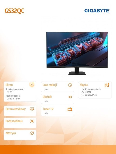Monitor gamingowy 32 cale GS32QC 1ms/12MLN:1/FULLHD/HDMI Monitor gamingowy 32 cale GS32QC 1ms/12MLN:1/FULLHD/HDMI