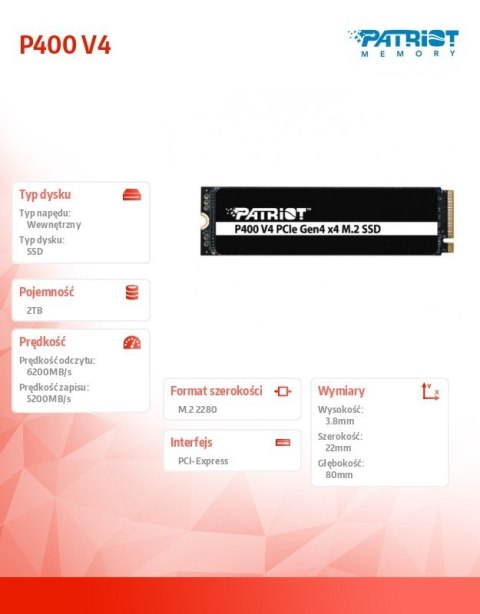 Dysk SSD 2TB P400 V4 6200/5200 MB/s M.2 PCIe Gen4 x4 NVMe 2.0