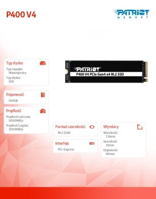 Dysk SSD 500GB P400 V4 5000/3000 MB/s M.2 PCIe Gen4 x4 NVMe 2.0