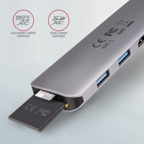 HMC-5 Wieloportowy hub USB 5in1, 5Gbps, 2x USB-A, HDMI 4K/30Hz, SD/microSD, PD 100W, 20cm USB-C kabel