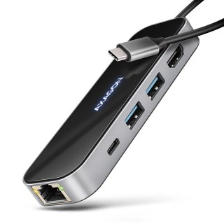 HMC-6GLN Wieloportowy hub USB 6in1, 5Gbps, 2xUSB-A, 1x USB-C, GLAN, HDMI 4K/60Hz, PD 100W, 20cm USB-C kabel