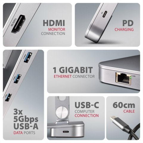 HMC-STND Stojak z wieloportowy hub Aluminiowy 7in1, 5Gbps, do 10"-16" cali laptopów, nastawny, 3x USB-A, HDMI 4K/60Hz, GLAN, PD 