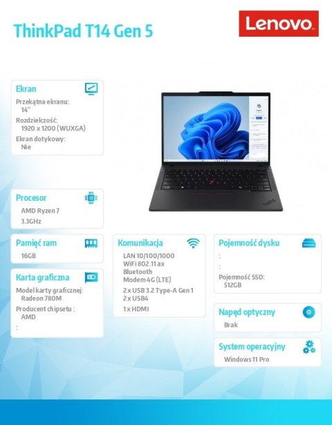 Ultrabook ThinkPad T14 G5 21MC0019PB W11Pro 8840U/16GB/512GB/INT/14.0 WUXGA/Black/3YRS Premier Support + CO2 Offset