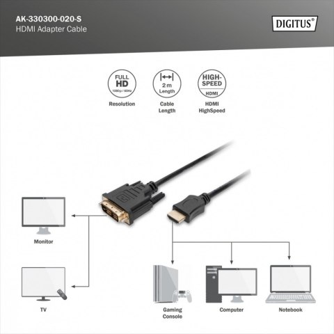 Kabel adapter HDMI Standard 1080p 60Hz FHD Typ HDMI A/DVI-D (18+1) M/M czarny 2m