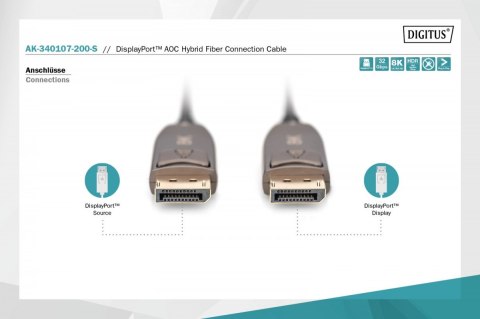 Kabel połączeniowy hybrydowy AOC DisplayPort 1.4 8K/60Hz UHD DP/DP M/M 20m Czarny