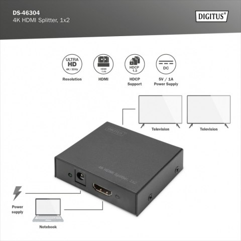 Rozdzielacz/Splitter HDMI 2-portowy, 4K 30Hz UHD 3D, HDCP 1.3, audio