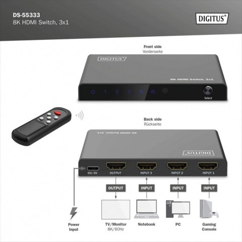 Przełącznik/Switch 8K HDMI 3x1, 60Hz (4:4:4), HDR, HDCP 2.3, pilot, Czarny