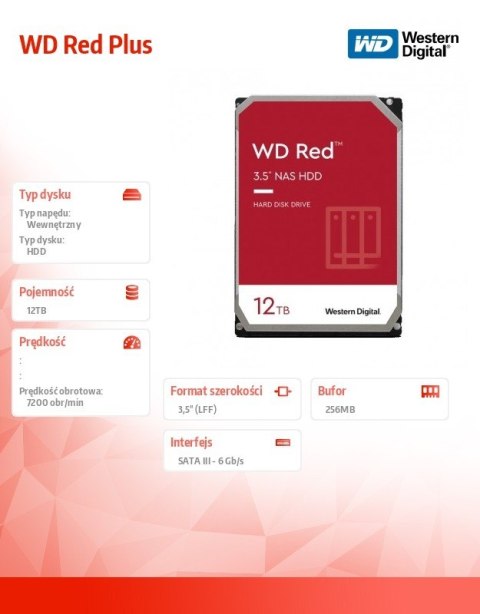 Dysk 3,5 cala WD Red Plus 12TB CMR 256MB/7200RPM Class