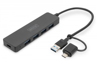 Hub USB 3.0/Koncentrator 4-portowy SlimLine USB A + adapter USB-C 5Gbps, złącze zasilania USB-C