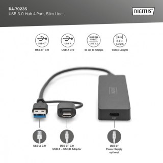 Hub USB 3.0/Koncentrator 4-portowy SlimLine USB A + adapter USB-C 5Gbps, złącze zasilania USB-C