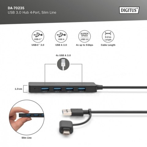 Hub USB 3.0/Koncentrator 4-portowy SlimLine USB A + adapter USB-C 5Gbps, złącze zasilania USB-C