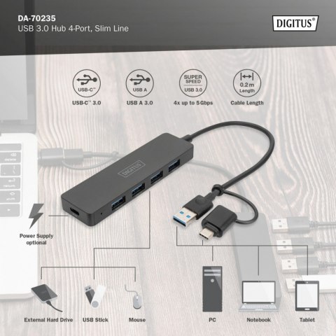 Hub USB 3.0/Koncentrator 4-portowy SlimLine USB A + adapter USB-C 5Gbps, złącze zasilania USB-C