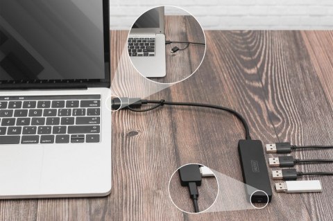 Hub USB 3.0/Koncentrator 4-portowy SlimLine USB A + adapter USB-C 5Gbps, złącze zasilania USB-C