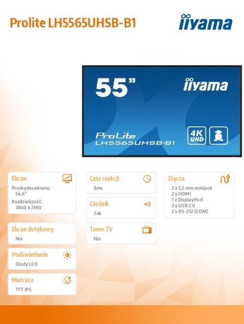 Monitor 55 cali LH5565UHSB-B1, 24/7, IPS, ANDROID 11, 4K, 800cd, iiSignage2, SDM, 2x HDMI, DP, 2x USB,2x 10W, RJ45, WiFi, 4/32GB